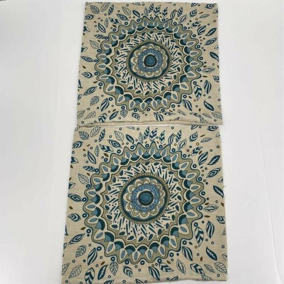 Pillow Shams Covers Set of 2 Blue Beige Floral Mandala Zipper Decor 17 X 17 In - Picture 1 of 6